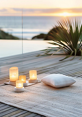 JPG 편집이미지 화초 바다 쿠션 초 휴식 사람없음 라이프 일몰 발코니 천 힐링 편집실사 AI포토 AI콘텐츠 식물 컨셉 생활 노을 직물 CG 파일형식