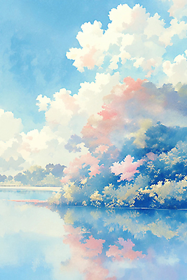 JPG 나무 구름 호수 하늘색 낙엽 일러스트 자연 하늘 풍경 사람없음 반사 가을풍경 가을 풀잎 분위기 국내일러스트 AI일러스트 AI콘텐츠 자연요소 식물 계절 컨셉 잎 파란색 풀_식물 생태계 파일형식 가을_계절