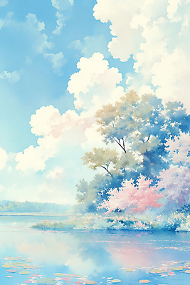 JPG 나무 구름 호수 하늘색 낙엽 일러스트 자연 하늘 풍경 사람없음 반사 가을풍경 가을 풀잎 분위기 국내일러스트 AI일러스트 AI콘텐츠 자연요소 식물 계절 컨셉 잎 파란색 풀_식물 생태계 파일형식 가을_계절