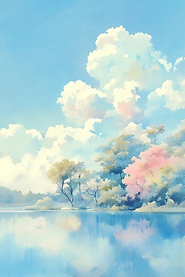 JPG 나무 구름 호수 하늘색 낙엽 일러스트 자연 하늘 풍경 사람없음 반사 가을풍경 가을 풀잎 분위기 국내일러스트 AI일러스트 AI콘텐츠 자연요소 식물 계절 컨셉 잎 파란색 풀_식물 생태계 파일형식 가을_계절