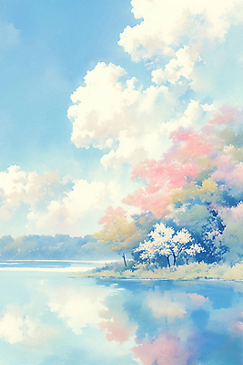 JPG 나무 구름 호수 하늘색 낙엽 일러스트 자연 하늘 풍경 사람없음 반사 가을풍경 가을 풀잎 분위기 국내일러스트 AI일러스트 AI콘텐츠 자연요소 식물 계절 컨셉 잎 파란색 풀_식물 생태계 파일형식 가을_계절