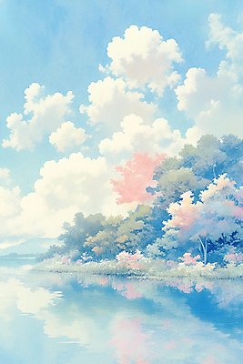 JPG 나무 구름 호수 하늘색 낙엽 일러스트 자연 하늘 풍경 사람없음 반사 가을풍경 가을 풀잎 분위기 국내일러스트 AI일러스트 AI콘텐츠 자연요소 식물 계절 컨셉 잎 파란색 풀_식물 생태계 파일형식 가을_계절