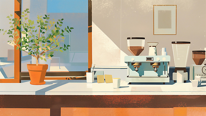 JPG 화분 화초 일러스트 창문 탁자 휴식 사람없음 일상 카페 가을 커피잔 커피메이커 오후 국내일러스트 AI일러스트 AI콘텐츠 식물 계절 커피 가구 컨셉 잔 라이프 상점 커피용품 파일형식