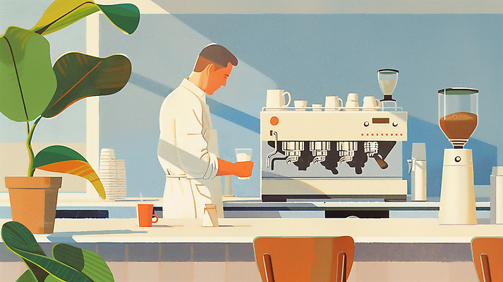 JPG 남자 화분 화초 의자 일러스트 탁자 휴식 한명 성인 일상 카페 가을 커피잔 커피메이커 바리스타 오후 성인남자한명만 국내일러스트 AI일러스트 AI콘텐츠 식물 직업 1 계절 커피 가구 컨셉 잔 사람 라이프 상점 커피용품 남자한명만 성인남자만 파일형식