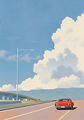 JPG 구름 여행 가로등 일러스트 자동차 하늘 휴가 휴식 사람없음 파란색 드라이브 고속도로 가교 국내일러스트 AI일러스트 AI콘텐츠 자연요소 건축물 공공시설 도로 육상교통 컬러 컨셉 운전 파일형식