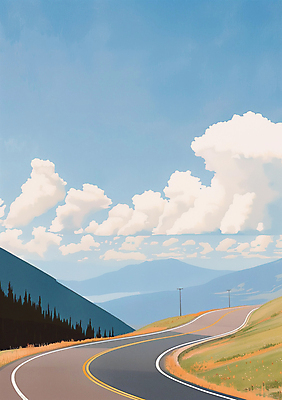 JPG 구름 여행 일러스트 하늘 휴가 휴식 산 사람없음 파란색 고속도로 언덕 국내일러스트 AI일러스트 AI콘텐츠 자연요소 도로 컬러 컨셉 파일형식