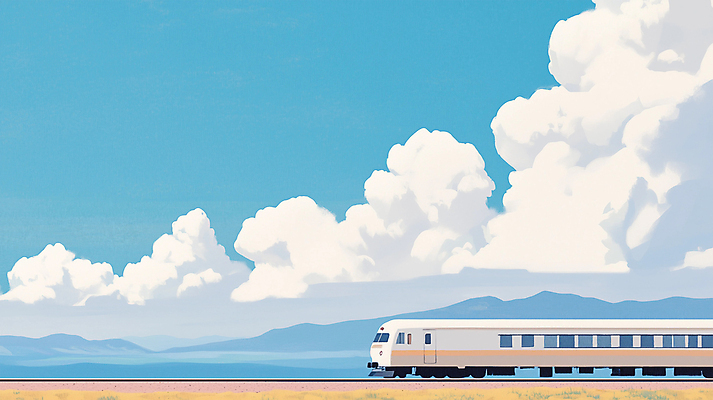 JPG 구름 여행 일러스트 하늘 휴가 휴식 산 사람없음 파란색 기차 국내일러스트 AI일러스트 AI콘텐츠 자연요소 육상교통 컬러 컨셉 대중교통 파일형식