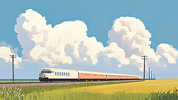 JPG 구름 여행 일러스트 하늘 휴가 휴식 초원 사람없음 파란색 기차 전봇대 국내일러스트 AI일러스트 AI콘텐츠 자연요소 공공시설 육상교통 컬러 컨셉 대중교통 파일형식