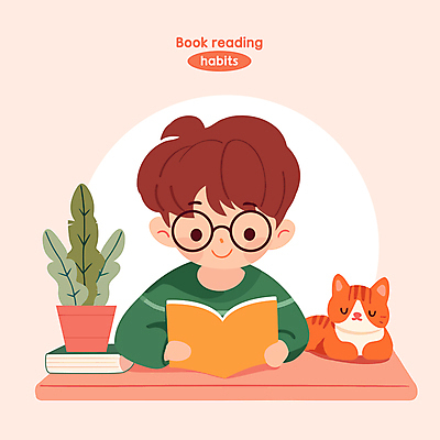 남자 행복 화분 안경 화초 어린이 분홍색 일러스트 한명 미소 소년 취미 책 독서 고양이 읽기 습관 소년한명만 국내일러스트 AI파일 식물 1 잡화 감정 컬러 포유류 모션 표정 사람 반려동물 남자한명만 소년만 파일형식 벡터