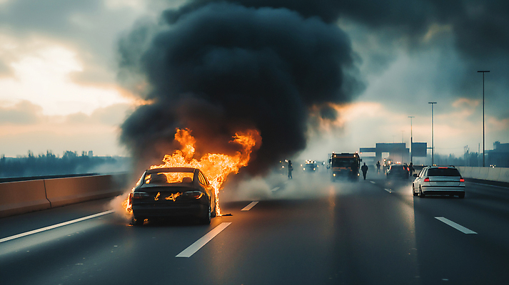 JPG 편집이미지 불 사람없음 고속도로 연기 위험 폭발 사건 화재 전기자동차 편집실사 AI포토 AI콘텐츠 자연요소 도로 컨셉 자동차 CG 파일형식