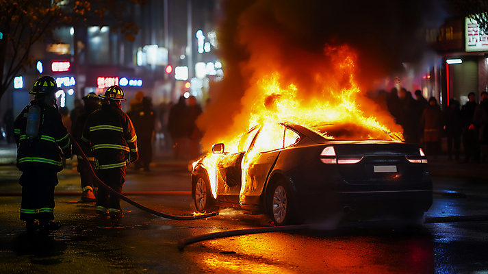 JPG 편집이미지 불 거리 사람 여러명 연기 위험 폭발 소방관 사건 화재 전기자동차 편집실사 AI포토 AI콘텐츠 자연요소 다수 컨셉 자동차 구조원 소방 CG 파일형식