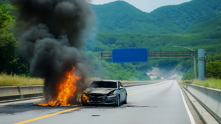 JPG 편집이미지 불 산 사람없음 고속도로 연기 위험 폭발 사건 화재 전기자동차 편집실사 AI포토 AI콘텐츠 자연요소 도로 컨셉 자동차 CG 파일형식