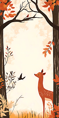 PSD 나무 단풍 낙엽 일러스트 자연 조류 동화 사슴 나뭇잎 풍경 사람없음 가을 감성 베이지색 국내일러스트 식물 동물 계절 컬러 컨셉 잎 포유류 생태계 파일형식