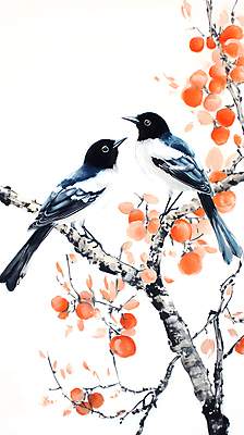 JPG 일러스트 자연 붓터치 수채화 감 수묵화 사람없음 주황색 나뭇가지 분위기 감나무 까치 국내일러스트 AI일러스트 AI콘텐츠 나무 컬러 컨셉 과일 조류 미술 생태계 파일형식