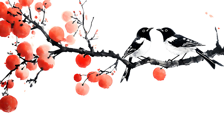 JPG 일러스트 자연 붓터치 수채화 감 수묵화 사람없음 주황색 나뭇가지 분위기 감나무 까치 국내일러스트 AI일러스트 AI콘텐츠 나무 컬러 컨셉 과일 조류 미술 생태계 파일형식