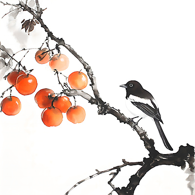 JPG 일러스트 자연 붓터치 수채화 감 수묵화 사람없음 주황색 나뭇가지 분위기 감나무 까치 국내일러스트 AI일러스트 AI콘텐츠 나무 컬러 컨셉 과일 조류 미술 생태계 파일형식