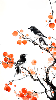 JPG 일러스트 자연 붓터치 수채화 감 수묵화 사람없음 주황색 나뭇가지 분위기 감나무 까치 국내일러스트 AI일러스트 AI콘텐츠 나무 컬러 컨셉 과일 조류 미술 생태계 파일형식