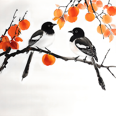 JPG 일러스트 자연 붓터치 수채화 감 수묵화 사람없음 주황색 나뭇가지 분위기 감나무 까치 국내일러스트 AI일러스트 AI콘텐츠 나무 컬러 컨셉 과일 조류 미술 생태계 파일형식