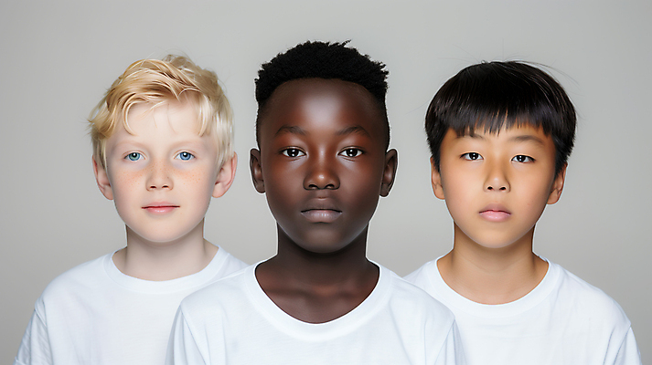 JPG 서양인 백인 편집이미지 시선 남자 어린이 흑인 동양인 소년 세명 친구 다양 황인 흰티 의료성형뷰티 소년만 편집실사 AI인물포토 AI콘텐츠 외국인 다수 티셔츠 관계 사람 인종 CG 남자만 어린이만 파일형식 AI포토