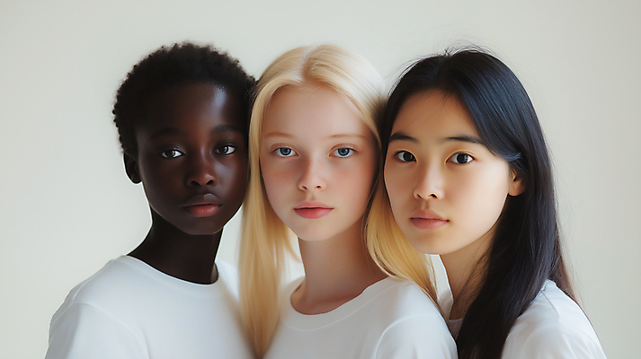 JPG 서양인 백인 편집이미지 시선 여자 흑인 청소년 동양인 세명 친구 다양 황인 흰티 의료성형뷰티 십대여자만 편집실사 AI인물포토 AI콘텐츠 외국인 다수 티셔츠 관계 사람 인종 CG 여자만 십대만 파일형식 AI포토