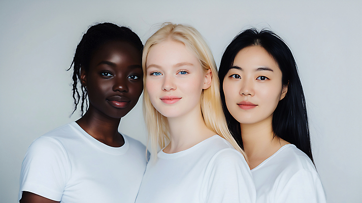 JPG 서양인 백인 편집이미지 시선 여자 흑인 동양인 성인 세명 친구 다양 황인 흰티 의료성형뷰티 성인여자만 편집실사 AI인물포토 AI콘텐츠 외국인 다수 티셔츠 관계 사람 인종 CG 여자만 성인만 파일형식 AI포토