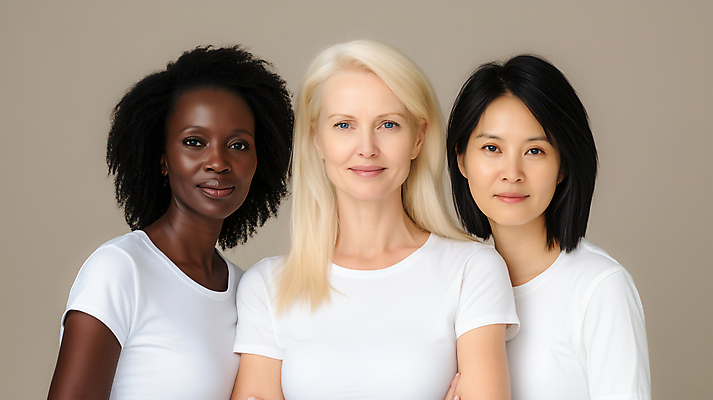 JPG 서양인 백인 편집이미지 시선 여자 중년 흑인 동양인 세명 친구 다양 황인 흰티 의료성형뷰티 중년여자만 편집실사 AI인물포토 AI콘텐츠 외국인 다수 티셔츠 관계 사람 인종 성인 CG 여자만 중년만 파일형식 AI포토