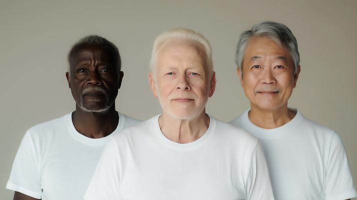 JPG 서양인 백인 편집이미지 시선 할아버지 노년 남자 흑인 동양인 세명 친구 다양 황인 흰티 의료성형뷰티 노인남자만 편집실사 AI인물포토 AI콘텐츠 외국인 다수 티셔츠 관계 사람 인종 성인 CG 남자만 노인만 파일형식 AI포토