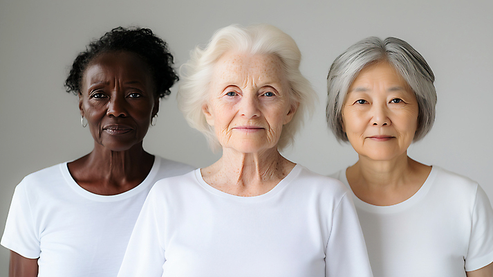 JPG 서양인 백인 편집이미지 시선 여자 노년 할머니 흑인 동양인 세명 친구 다양 황인 흰티 의료성형뷰티 노인여자만 편집실사 AI인물포토 AI콘텐츠 외국인 다수 티셔츠 관계 사람 인종 성인 CG 여자만 노인만 파일형식 AI포토