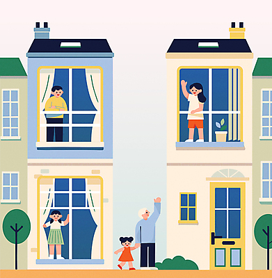 나무 라이프스타일 여자 할아버지 노년 남자 어린이 하늘색 일러스트 창문 손녀 주택 소녀 여러명 성인 커튼 손인사 이웃 소통 정 국내일러스트 AI파일 식물 다수 컨셉 사람 건물 생활 파란색 인사 손주 파일형식 벡터