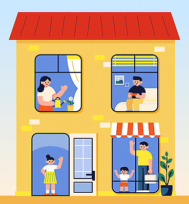 라이프스타일 여자 남자 어린이 일러스트 창문 주택 소녀 소년 여러명 성인 소파 노란색 물뿌리개 게임 커튼 현관문 원예 손인사 이웃 소통 정 국내일러스트 AI파일 컬러 다수 컨셉 의자 놀이 사람 취미 건물 생활 문 인사 파일형식 벡터