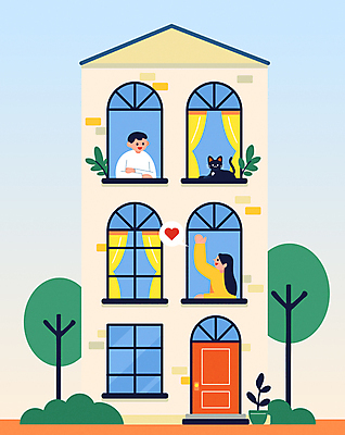 라이프스타일 여자 남자 어린이 말풍선 일러스트 창문 주택 여러명 성인 노란색 고양이 현관문 손인사 이웃 소통 정 성인만 국내일러스트 AI파일 컬러 다수 컨셉 포유류 사람 건물 생활 반려동물 문 인사 파일형식 벡터