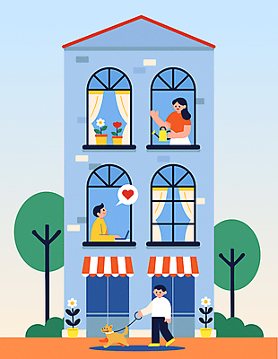 라이프스타일 여자 남자 화분 어린이 하늘색 말풍선 일러스트 창문 주택 여러명 성인 노트북 산책 물뿌리개 커튼 강아지 원예 손인사 이웃 소통 정 성인만 국내일러스트 AI파일 다수 컨셉 휴식 사람 취미 건물 생활 파란색 전자제품 반려동물 인사 개 파일형식 벡터