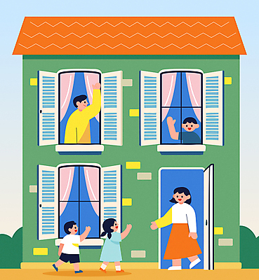라이프스타일 여자 남자 어린이 일러스트 창문 주택 소녀 소년 여러명 성인 초록색 친구 커튼 현관문 손인사 이웃 소통 정 국내일러스트 AI파일 컬러 다수 컨셉 관계 사람 건물 생활 문 인사 파일형식 벡터