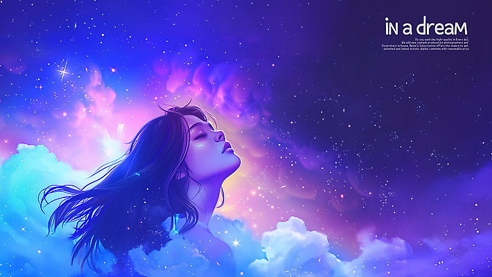 PSD 구름 편집이미지 여자 어린이 밤하늘 한명 소녀 우주 눈감음 보라색 꿈 야간 신비 은하수 소녀한명만 빛무리 이미지편집 자연요소 1 컬러 컨셉 모션 자연 하늘 사람 빛 여자한명만 소녀만 파일형식