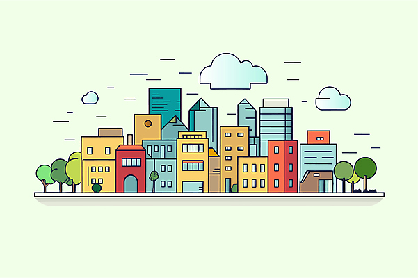 나무 구름 일러스트 빌딩 사람없음 건물 마을 국내일러스트 AI파일 자연요소 식물 건축물 파일형식 벡터