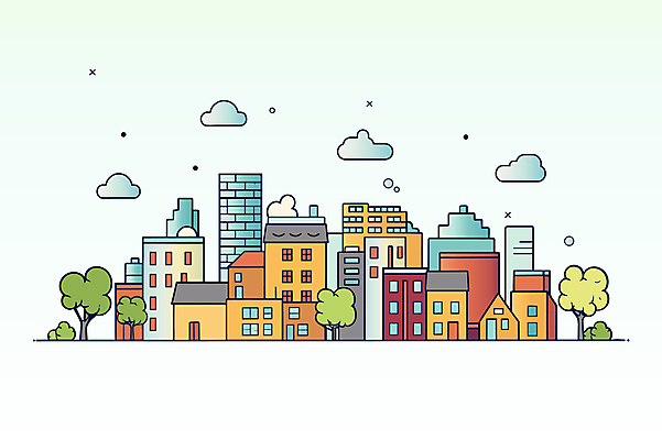 나무 구름 일러스트 빌딩 사람없음 건물 마을 국내일러스트 AI파일 자연요소 식물 건축물 파일형식 벡터