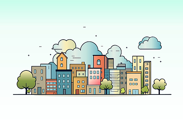 나무 구름 일러스트 빌딩 사람없음 건물 마을 국내일러스트 AI파일 자연요소 식물 건축물 파일형식 벡터