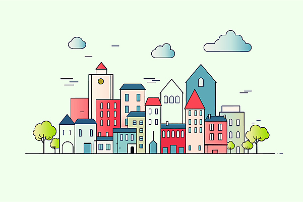 나무 구름 일러스트 빌딩 사람없음 건물 마을 국내일러스트 AI파일 자연요소 식물 건축물 파일형식 벡터