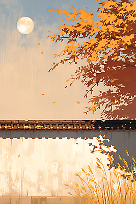 JPG 나무 일러스트 풍경 사람없음 담장 평화 주황색 고요 보름달 가을 야간 감성 기와담장 차분 국내일러스트 AI일러스트 AI콘텐츠 자연요소 식물 계절 컬러 컨셉 기와 달 파일형식