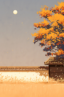JPG 나무 일러스트 풍경 사람없음 담장 주황색 고요 보름달 가을 야간 기와담장 차분 국내일러스트 AI일러스트 AI콘텐츠 자연요소 식물 계절 컬러 컨셉 기와 달 파일형식