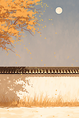 JPG 나무 일러스트 풍경 사람없음 담장 평화 주황색 고요 보름달 가을 야간 감성 기와담장 차분 국내일러스트 AI일러스트 AI콘텐츠 자연요소 식물 계절 컬러 컨셉 기와 달 파일형식