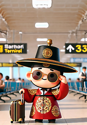 JPG 편집이미지 캐릭터 남자 전통문화 여행 한명 성인 빨간색 선글라스 귀여움 캐리어 공항 한복 조선시대 한글날 세종대왕 성인남자한명만 편집3D AI컴퓨터그래픽 AI콘텐츠 갓모자 모자_잡화 1 한국전통 전통 문화 안경 컬러 컨셉 교통시설 전통소품 사람 공휴일 3D 여행가방 역사 전통의상 왕 국경일 남자한명만 성인남자만 파일형식