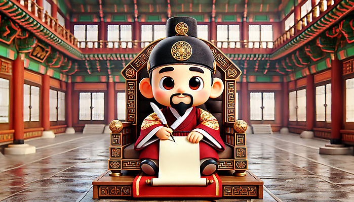 JPG 편집이미지 남자 전통문화 한명 성인 빨간색 펜 귀여움 한복 조선시대 족자 한글날 문서작성 세종대왕 왕좌 성인남자한명만 편집3D AI컴퓨터그래픽 AI콘텐츠 1 한국전통 전통 문화 컬러 컨셉 사람 공휴일 필기구 3D 역사 전통의상 왕 국경일 남자한명만 성인남자만 파일형식