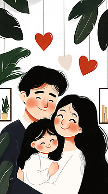 JPG 여자 남자 딸 행복 어린이 일러스트 포옹 엄마 실내 사랑 미소 웃음 소녀 성인 세명 초록색 부모 하트 풀잎 아빠 국내일러스트 AI일러스트 AI콘텐츠 모양 감정 컬러 잎 가족 안기 표정 사람 내부 풀_식물 파일형식