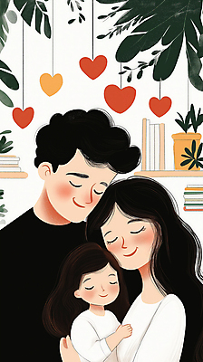 JPG 여자 남자 딸 행복 어린이 일러스트 포옹 엄마 실내 사랑 미소 웃음 소녀 성인 세명 초록색 부모 하트 풀잎 아빠 국내일러스트 AI일러스트 AI콘텐츠 모양 감정 컬러 잎 가족 안기 표정 사람 내부 풀_식물 파일형식