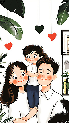 JPG 여자 남자 딸 행복 어린이 일러스트 포옹 엄마 실내 사랑 미소 웃음 소녀 성인 세명 초록색 부모 하트 풀잎 아빠 국내일러스트 AI일러스트 AI콘텐츠 모양 감정 컬러 잎 가족 안기 표정 사람 내부 풀_식물 파일형식