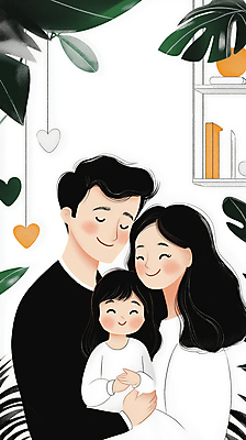 JPG 여자 남자 딸 행복 어린이 일러스트 포옹 엄마 실내 사랑 미소 웃음 소녀 성인 세명 초록색 부모 하트 풀잎 아빠 국내일러스트 AI일러스트 AI콘텐츠 모양 감정 컬러 잎 가족 안기 표정 사람 내부 풀_식물 파일형식