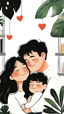 JPG 여자 남자 행복 아들 어린이 일러스트 포옹 엄마 실내 사랑 미소 웃음 소년 성인 세명 초록색 부모 하트 풀잎 아빠 국내일러스트 AI일러스트 AI콘텐츠 모양 감정 컬러 잎 가족 안기 표정 사람 내부 풀_식물 파일형식