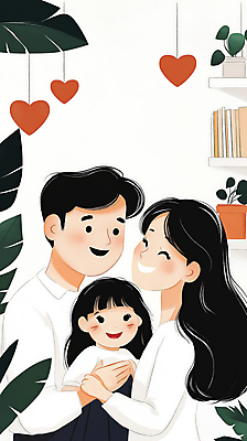 JPG 여자 남자 딸 행복 어린이 일러스트 포옹 엄마 실내 사랑 미소 웃음 소녀 성인 세명 초록색 부모 하트 풀잎 아빠 국내일러스트 AI일러스트 AI콘텐츠 모양 감정 컬러 잎 가족 안기 표정 사람 내부 풀_식물 파일형식