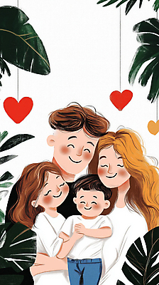 JPG 여자 남자 딸 행복 아들 어린이 일러스트 포옹 엄마 실내 사랑 미소 웃음 소녀 소년 여러명 성인 초록색 부모 하트 풀잎 아빠 국내일러스트 AI일러스트 AI콘텐츠 모양 감정 컬러 다수 잎 가족 안기 표정 사람 내부 풀_식물 파일형식